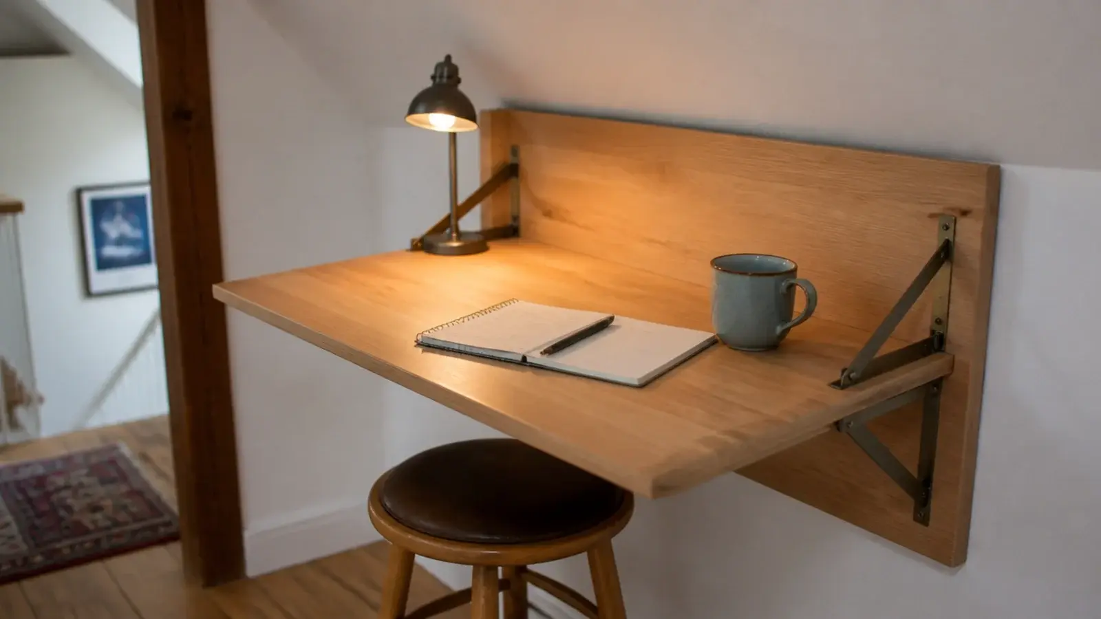 wall mounted fold down desk open at working height under an attic slope
