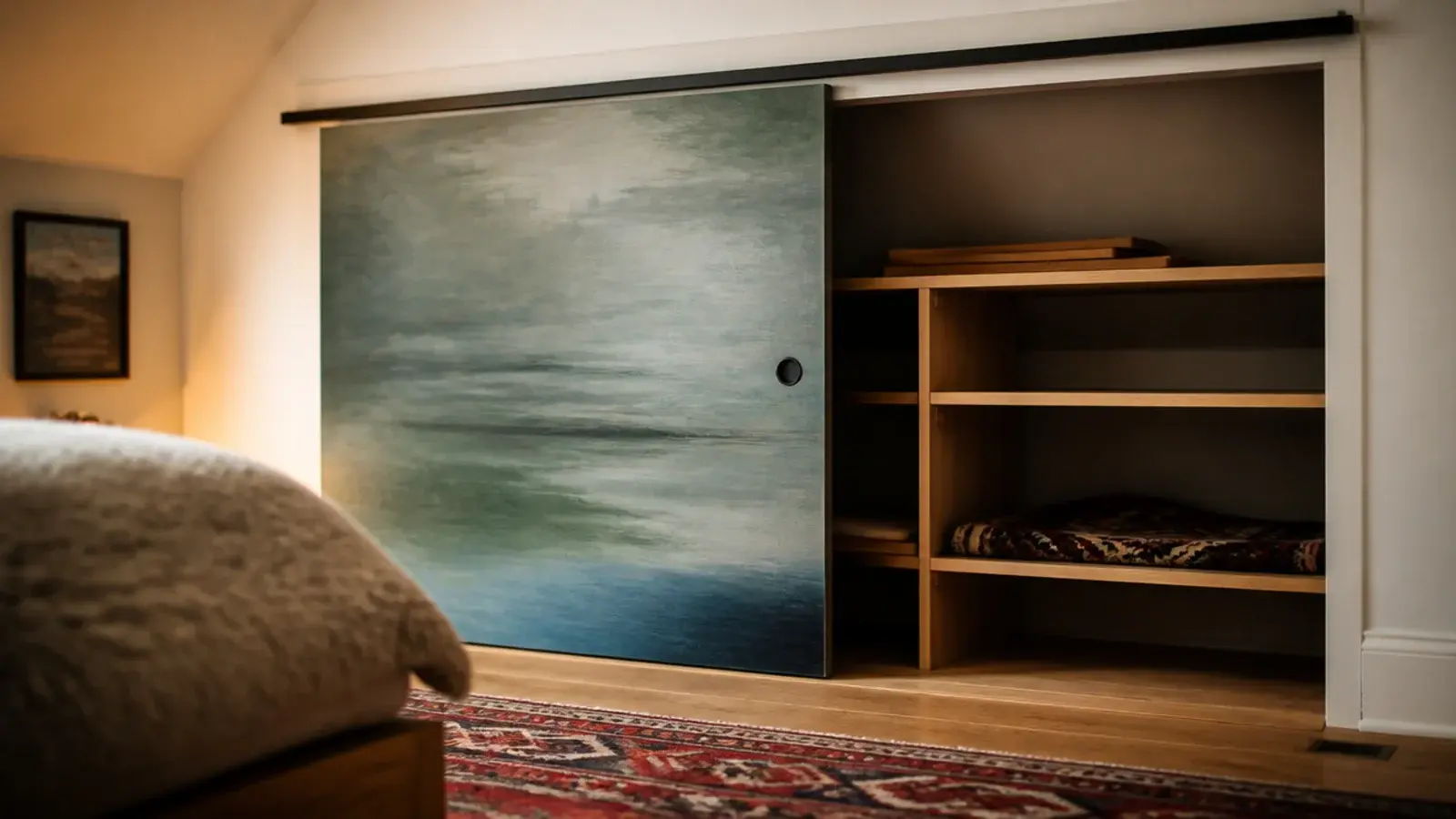 sliding timber door running along a track across an attic storage opening