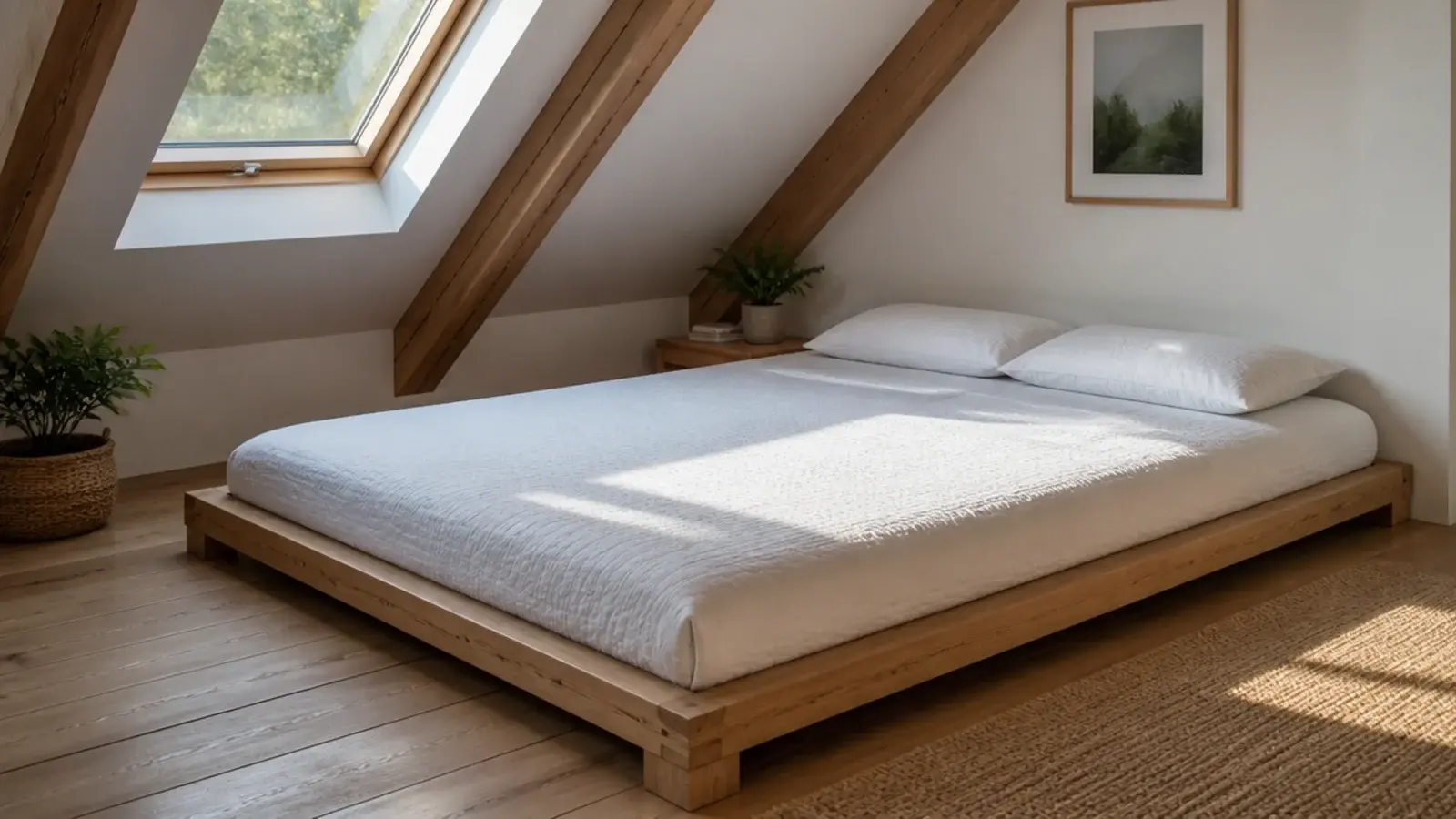 simply dressed low attic bed with no skirt canopy or tall pillows