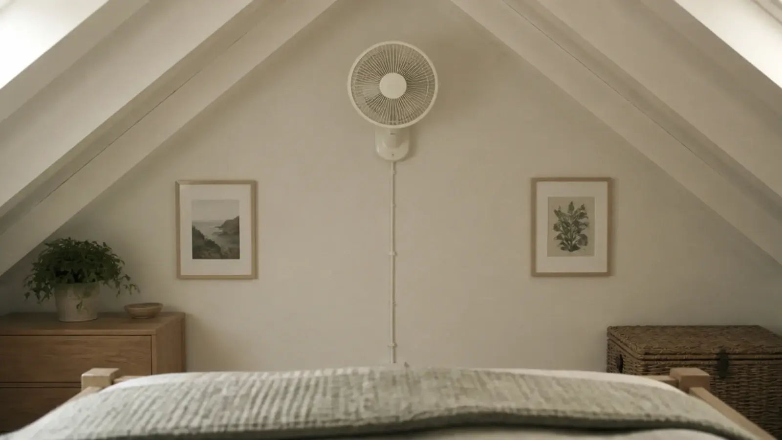 small oscillating wall fan mounted high on an attic gable wall