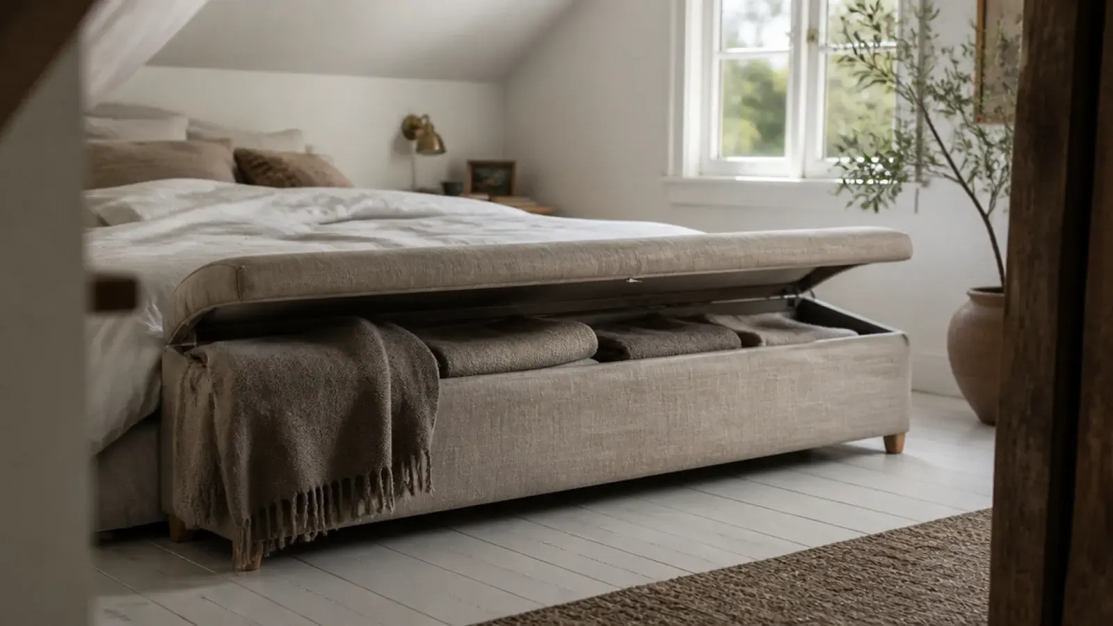 upholstered storage bench sitting at the foot of a low attic bed