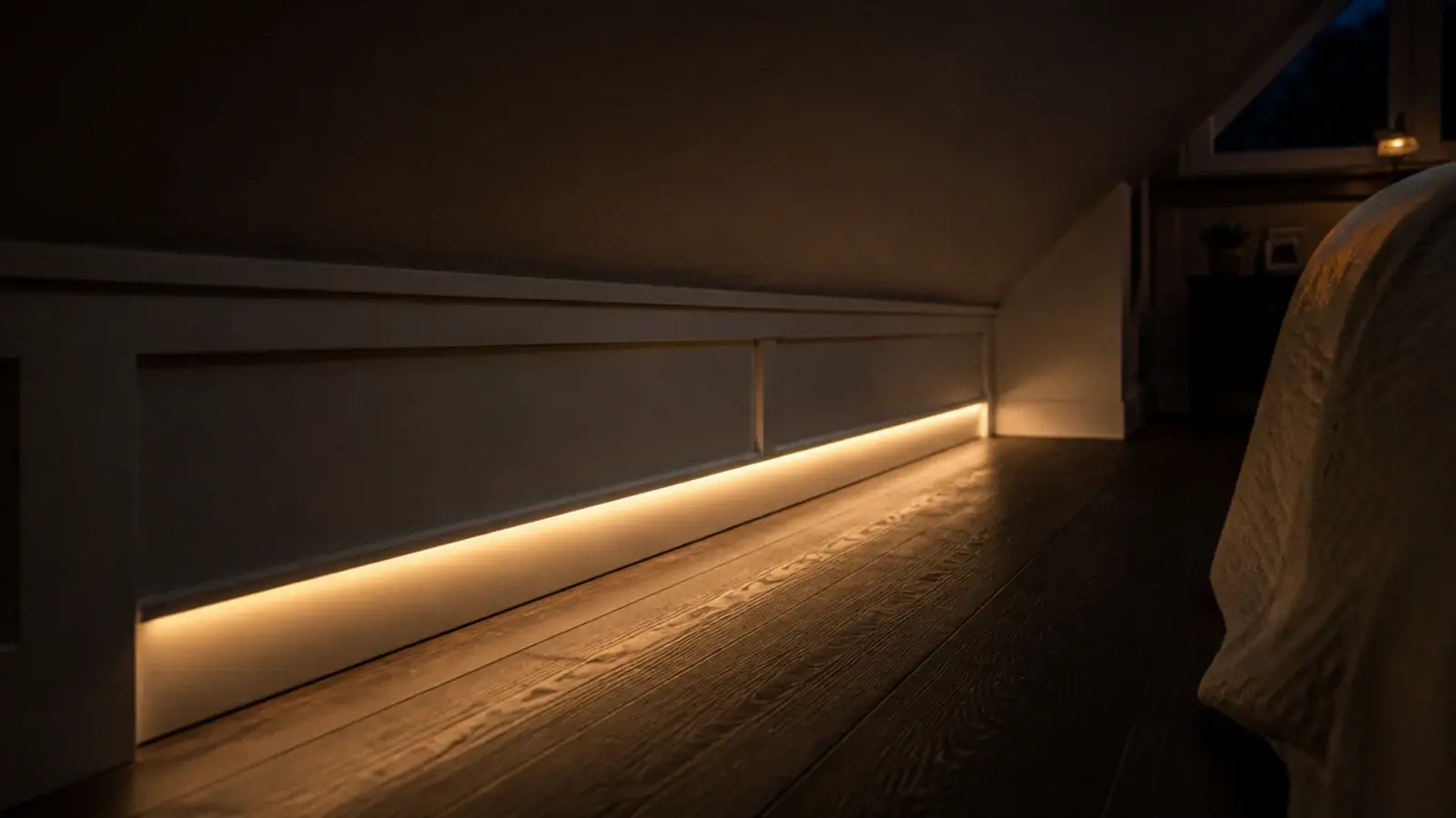 low level led strip glowing along the base of an attic knee wall