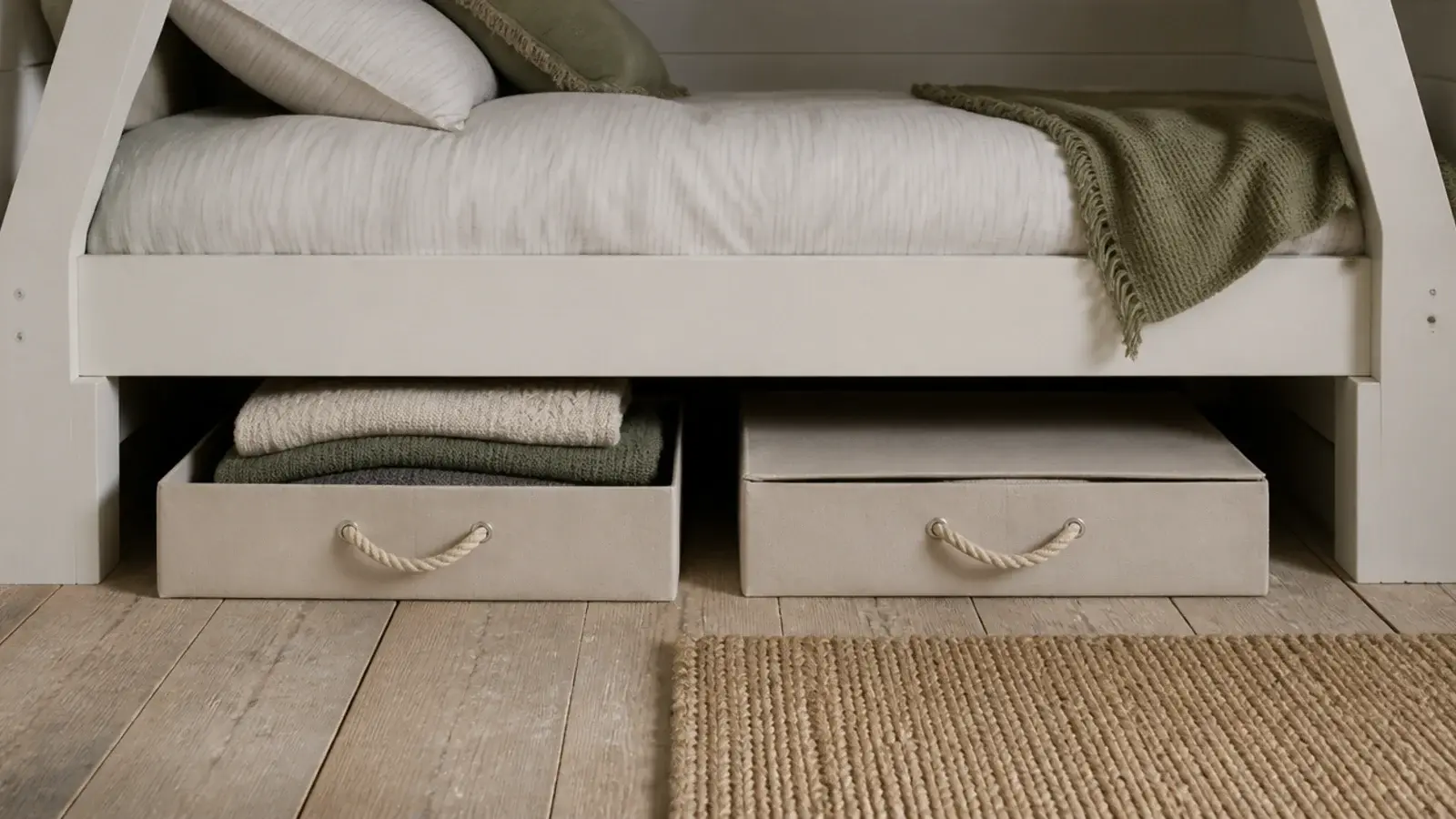 flat storage boxes sliding into the eight inch gap beneath an attic bed
