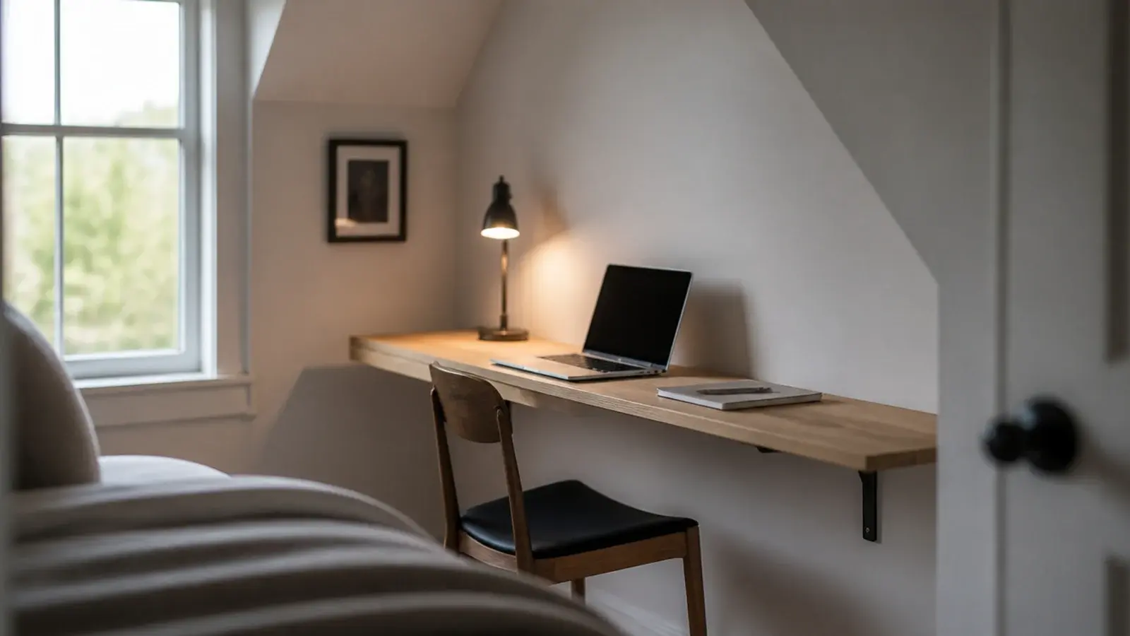 narrow fifteen inch desk fixed to the flat gable wall of a loft