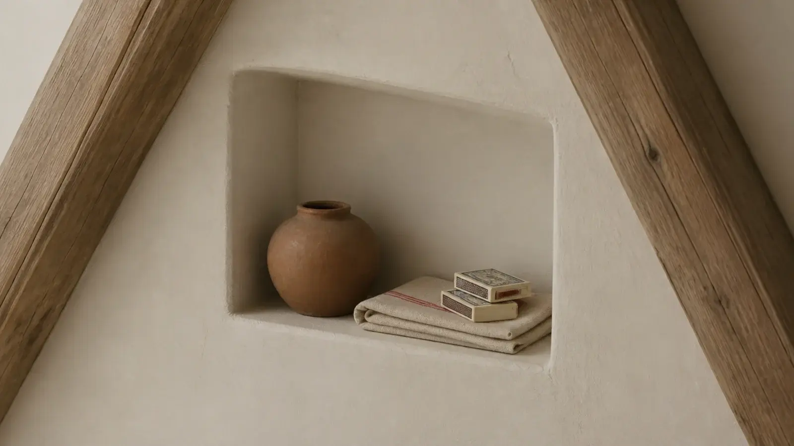 shallow plastered niche cut between attic rafters holding small objects