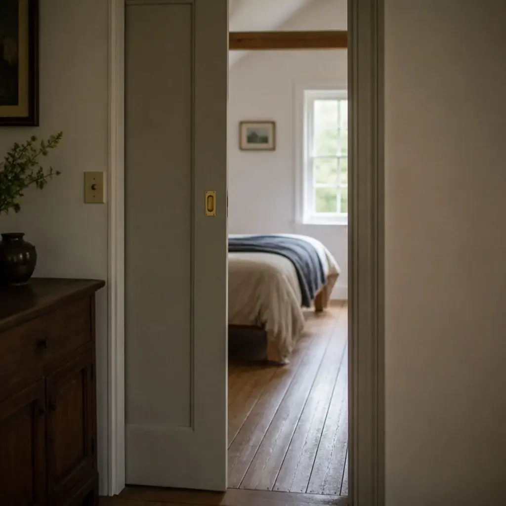 pocket door sliding into the wall cavity of a small attic bedroom
