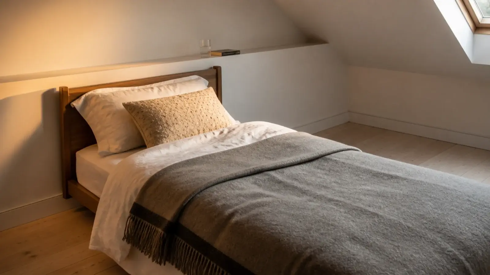 small attic bed with a wall ledge and no freestanding bedside furniture