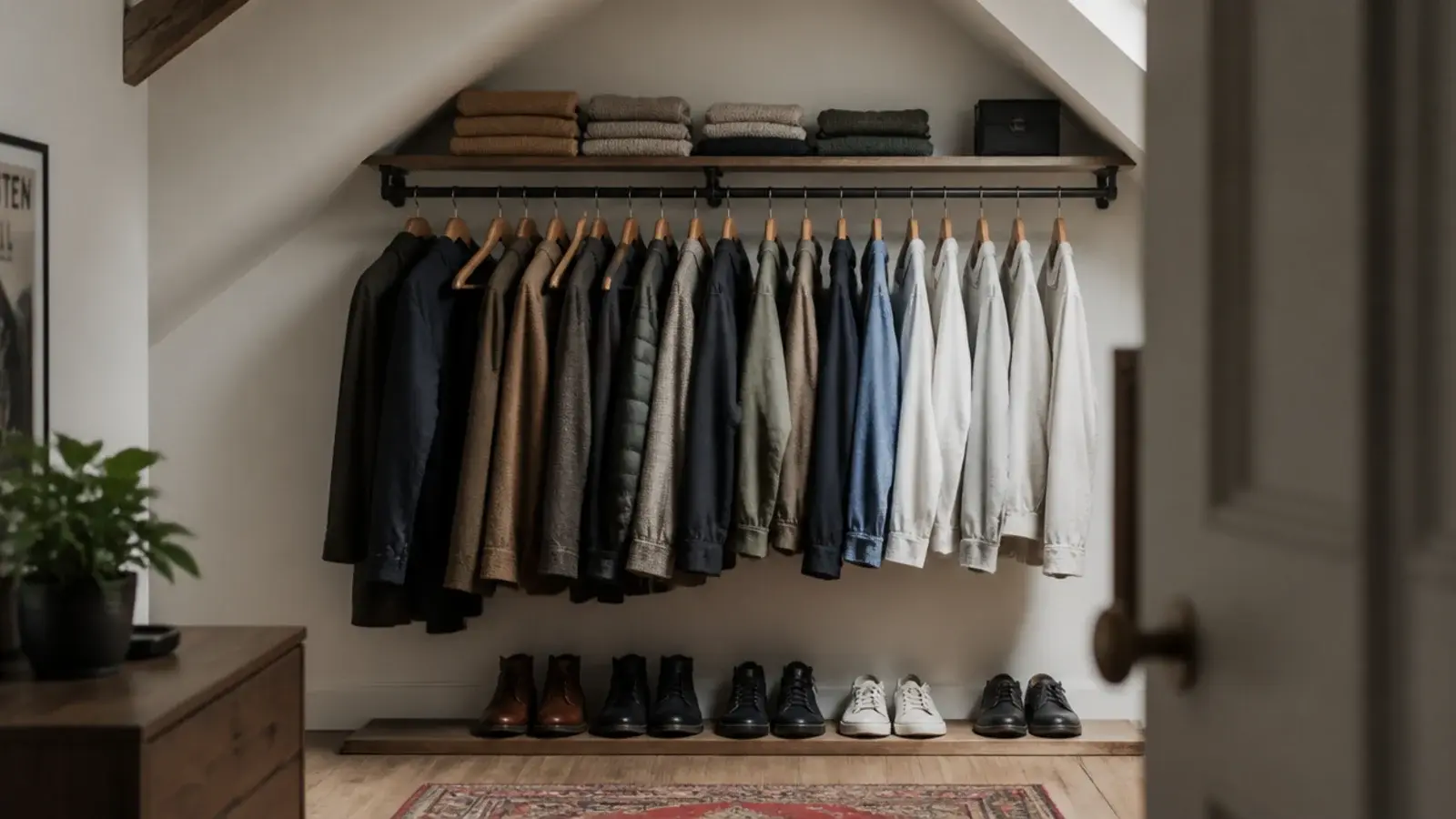 exposed clothes rail fixed under the tallest section of an attic ceiling