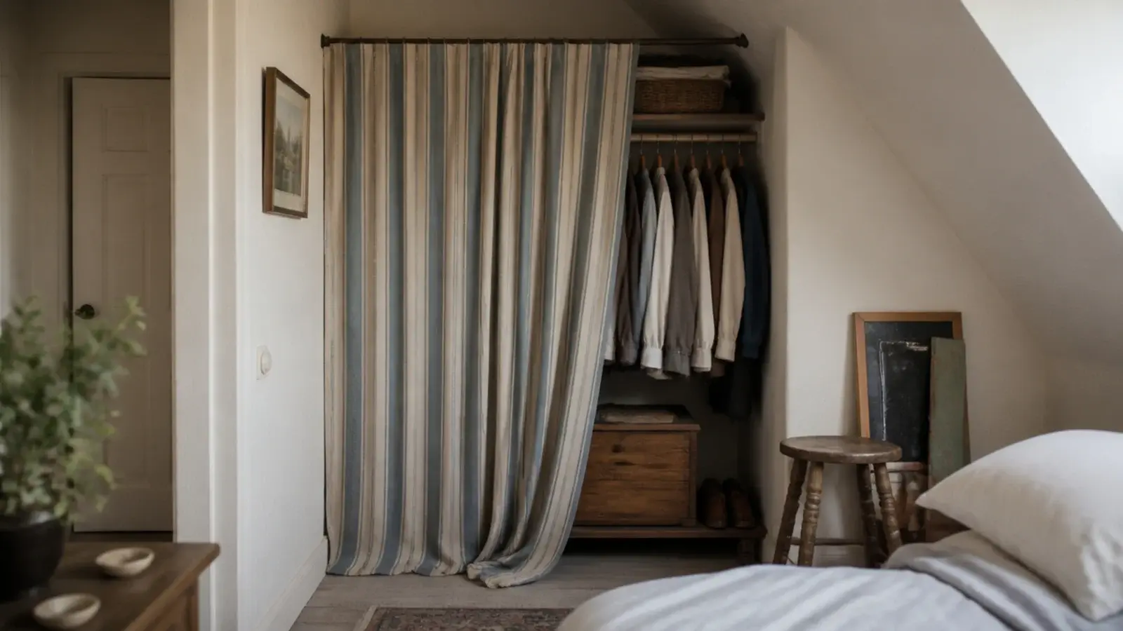 striped curtain hung across an alcove wardrobe in a small loft