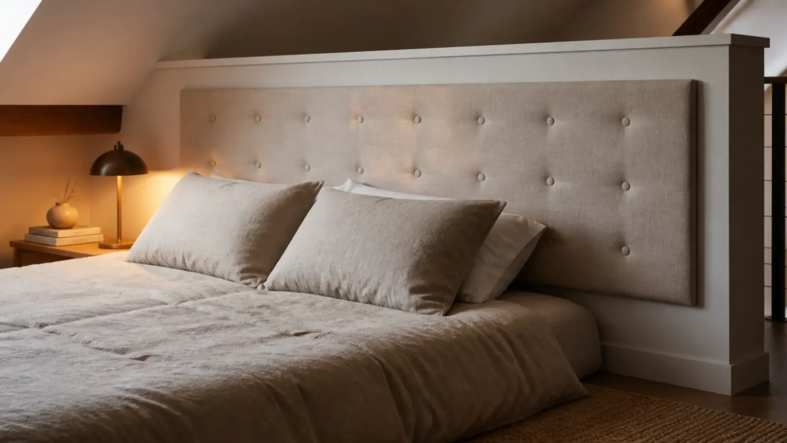 upholstered panel fixed along an attic knee wall behind a low bed