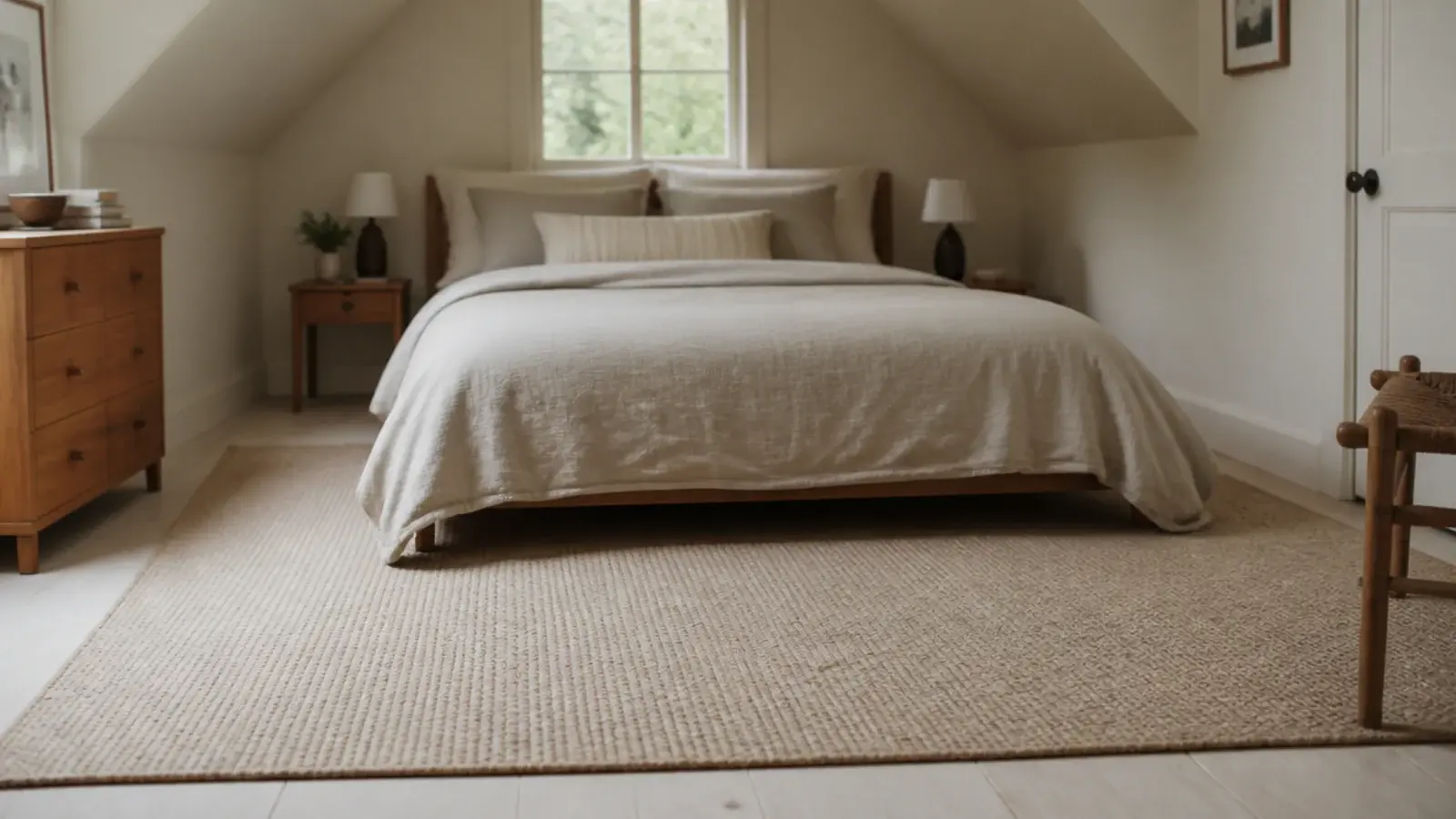 single large flatweave rug filling the open floor of a small loft