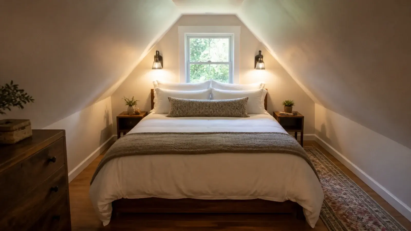 bed head placed against the flat gable wall of a narrow attic room
