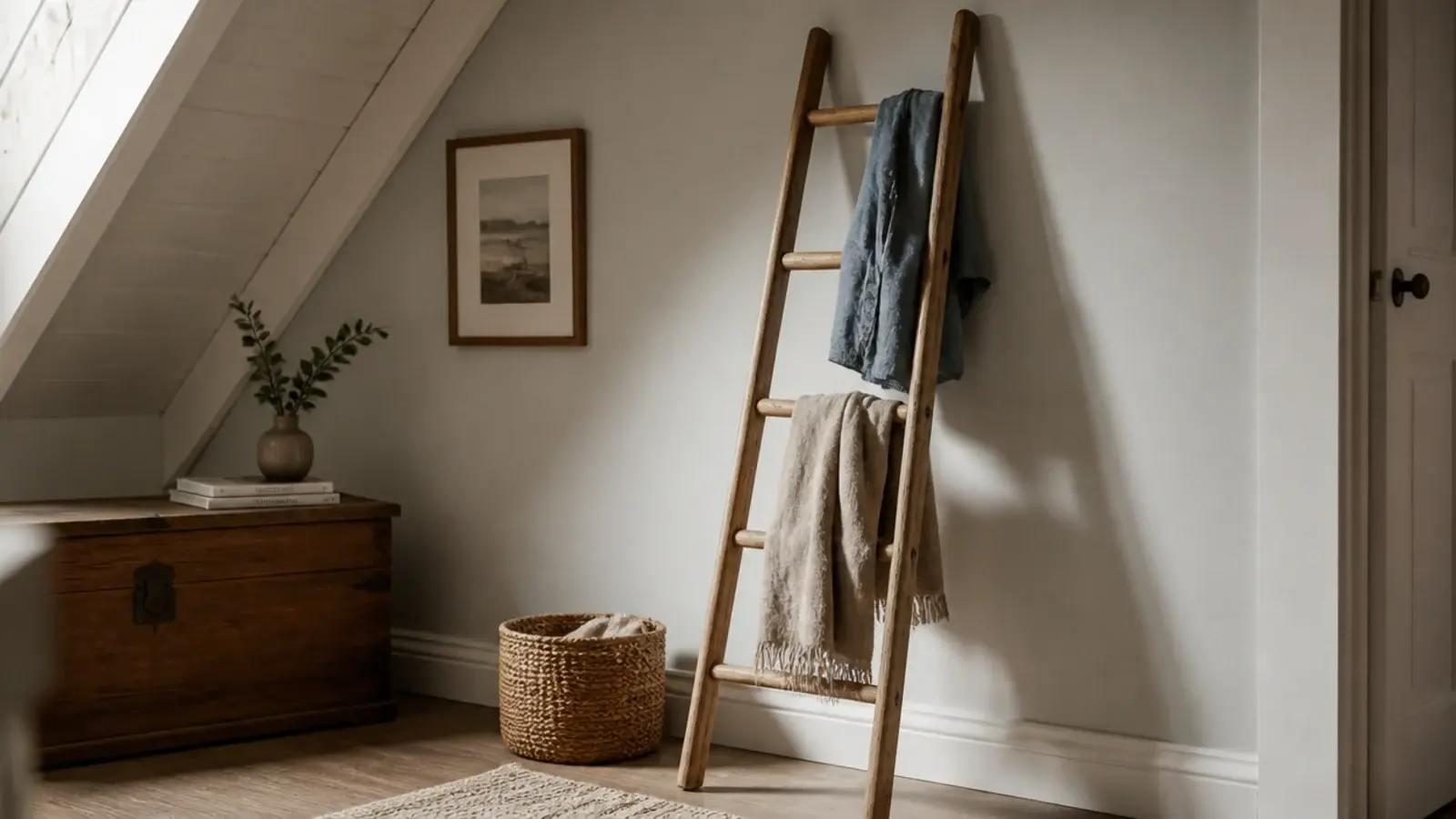 narrow timber ladder leaning on an attic wall holding folded clothes