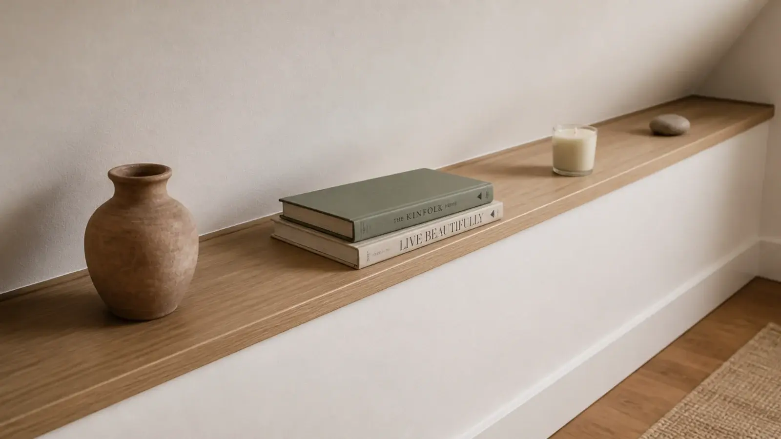 attic capping shelf styled with exactly five carefully spaced objects
