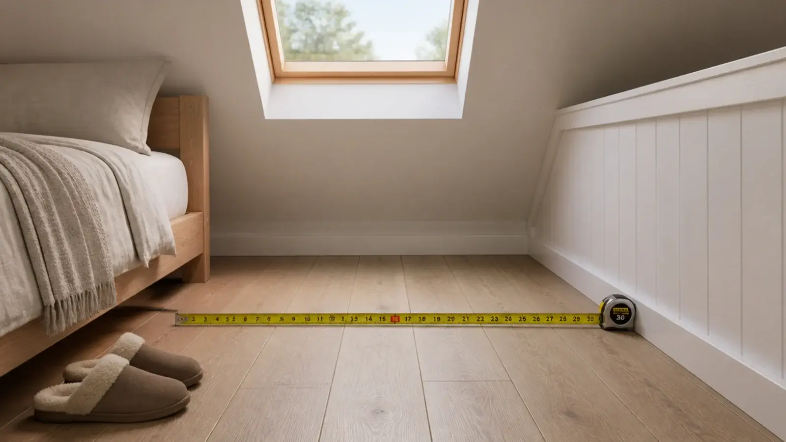 measuring tape laid across the clear walkway beside a small attic bed