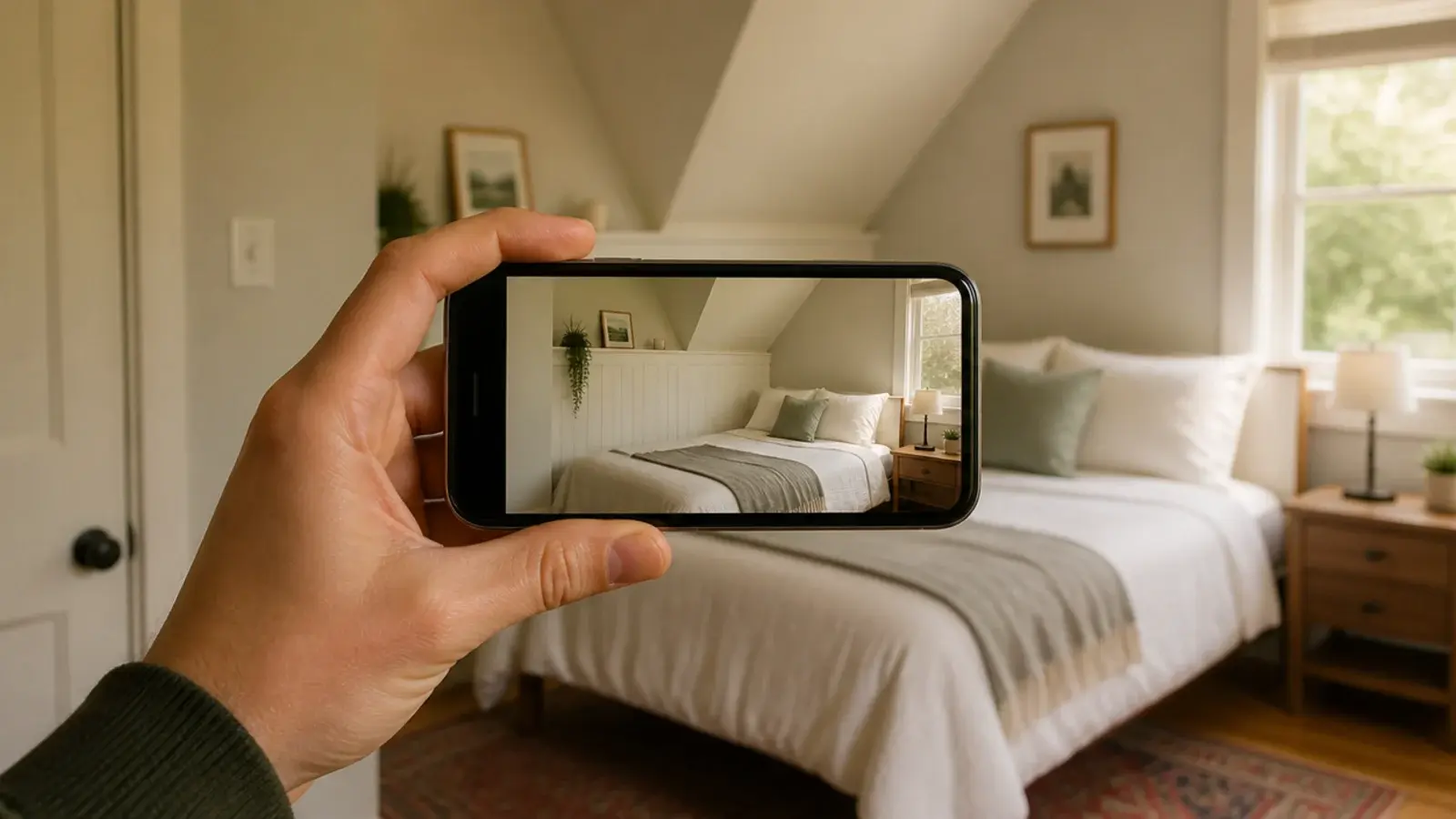 phone held up photographing a small attic bedroom for a styling check