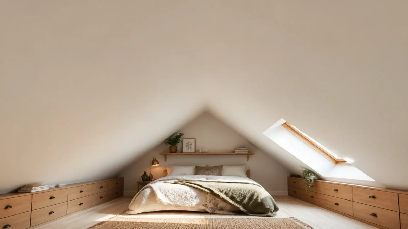 vertical view of a small attic bedroom with fitted storage and roof window