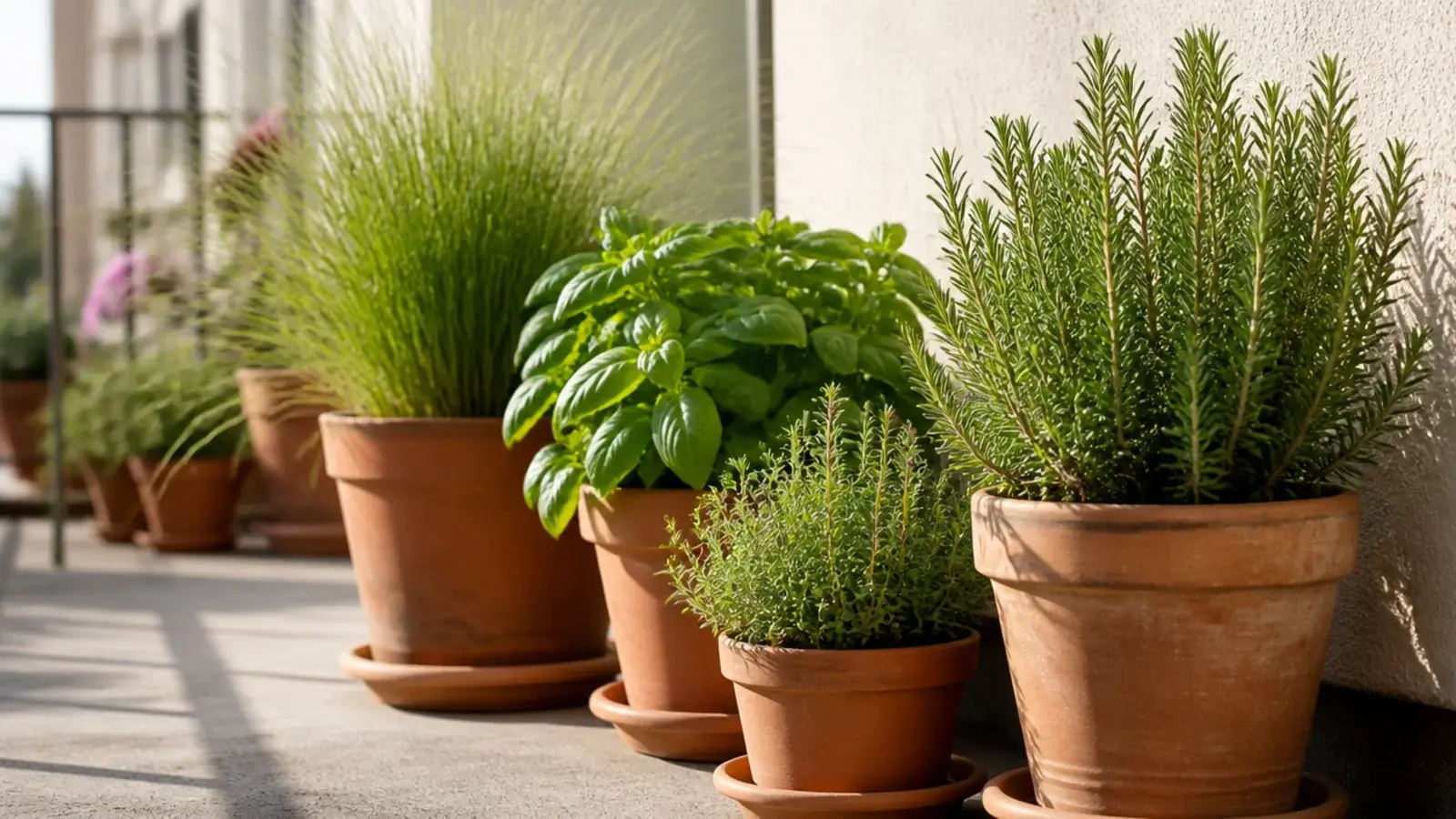 apartment balcony garden of herbs and grasses in terracotta pots on concrete