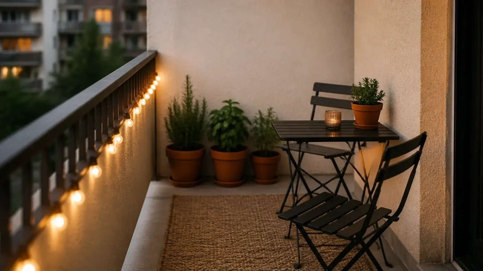 small apartment balcony with folding bistro set terracotta pots and solar lights
