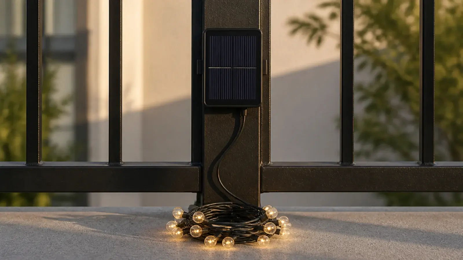 solar panel clipped to an inner balcony rail catching late afternoon sun