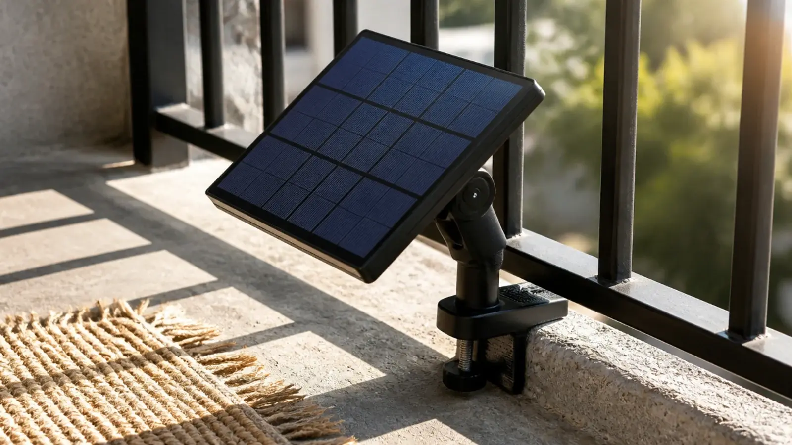 hand angling a small solar panel toward the sunniest balcony corner