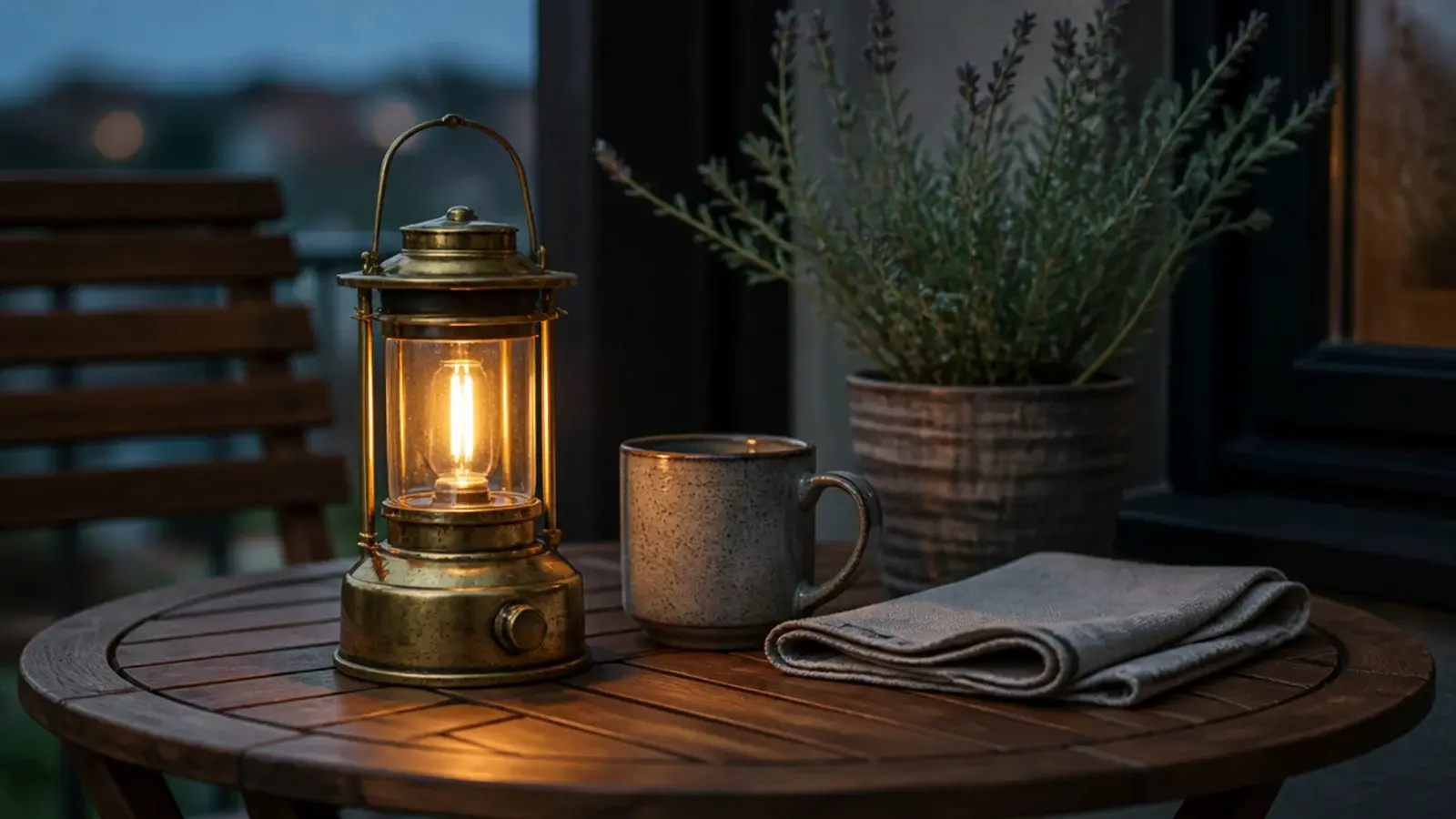 rechargeable brass lantern glowing on a small balcony bistro table
