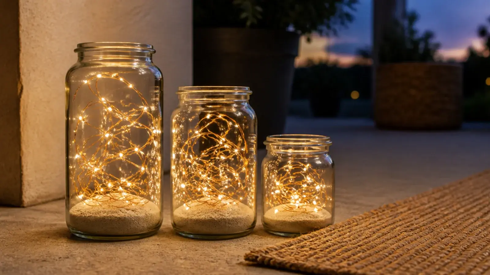 cluster of glass jars filled with battery fairy lights on balcony floor