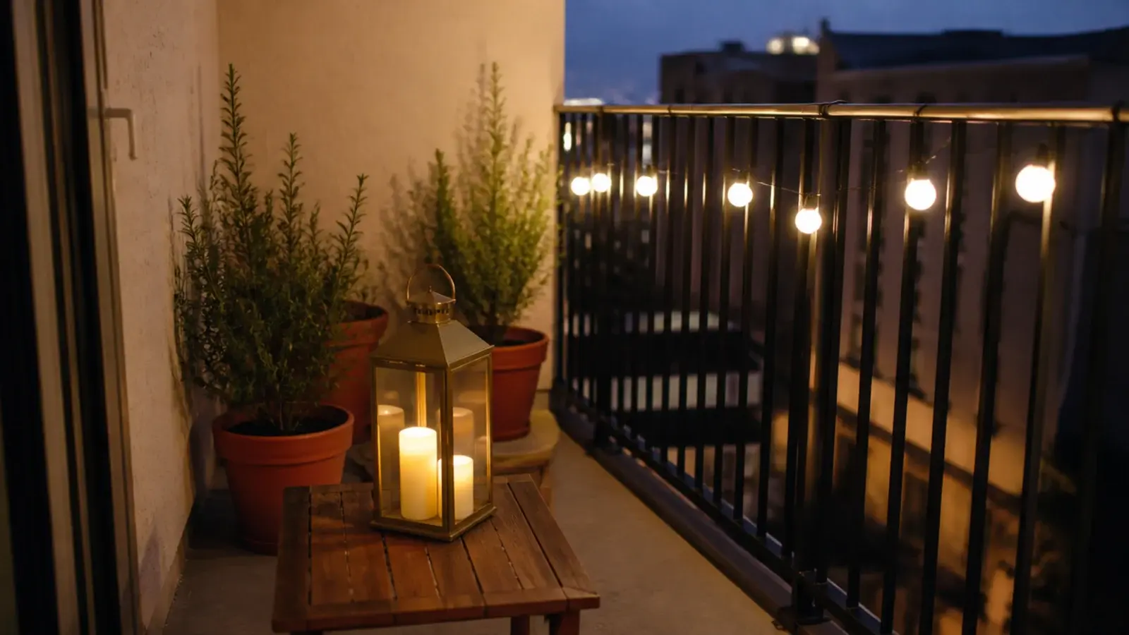 warm apartment balcony lighting glowing along an inner railing at dusk
