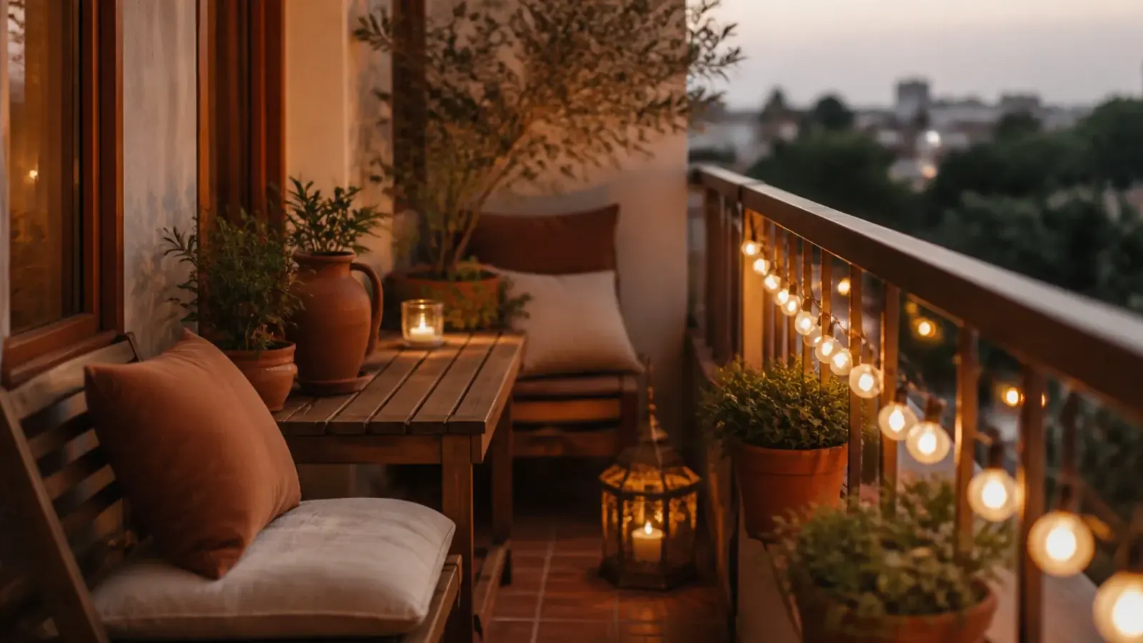 apartment balcony on a budget styled with matching pots and warm lighting