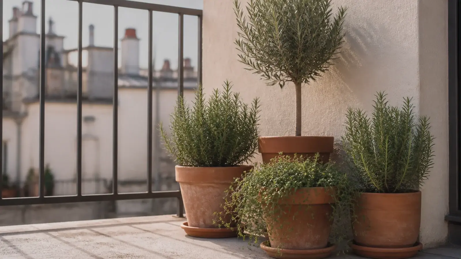 sunny apartment balcony with layered potted plants against a stucco wall