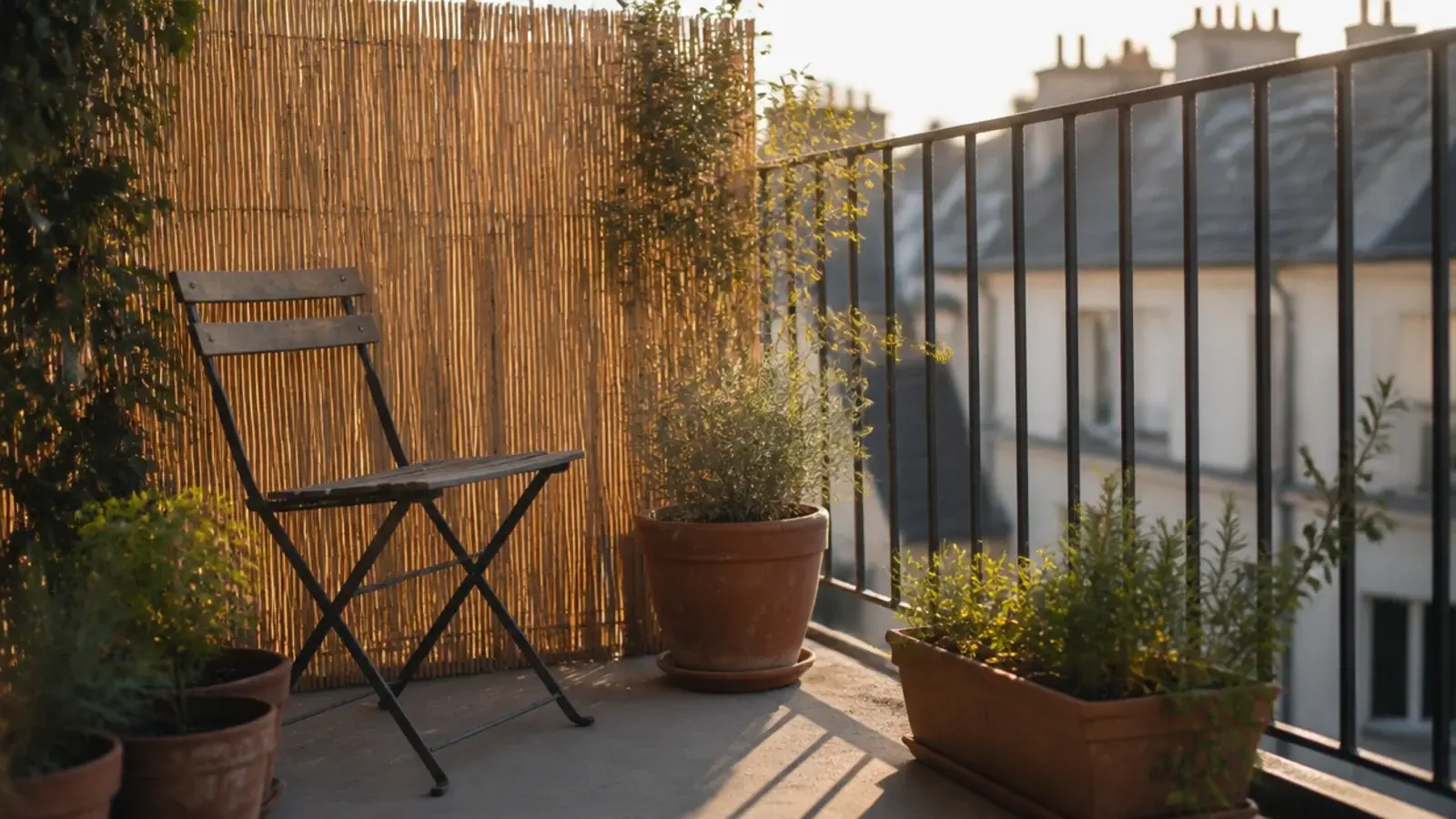 apartment balcony privacy screen of reed panels behind a small seating area
