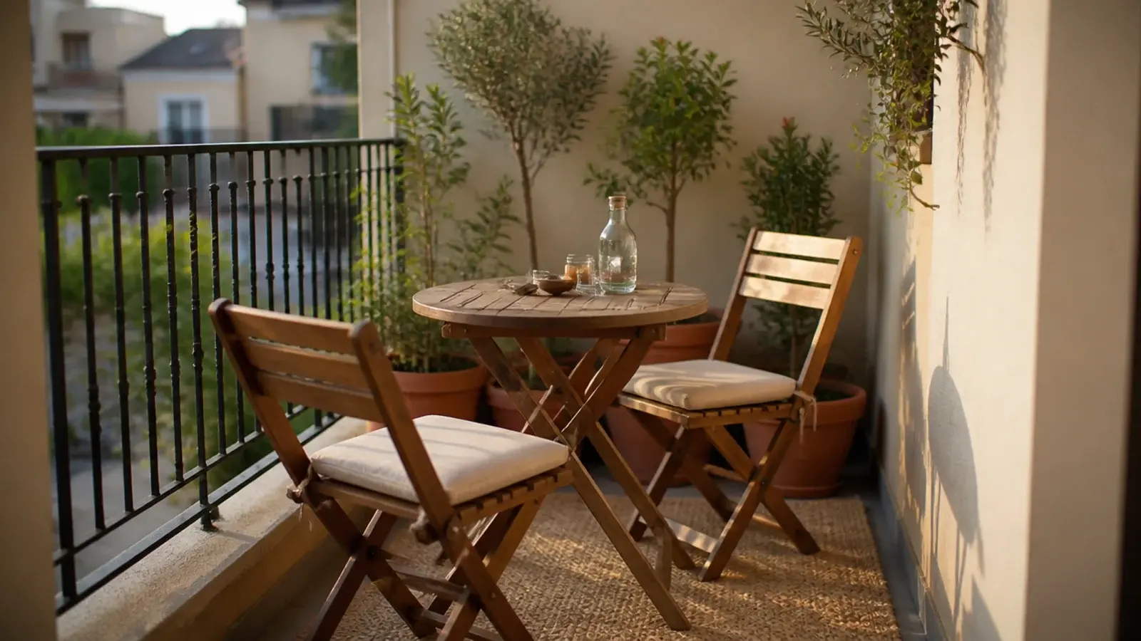 apartment balcony seating with folding bistro chairs cushions and warm light