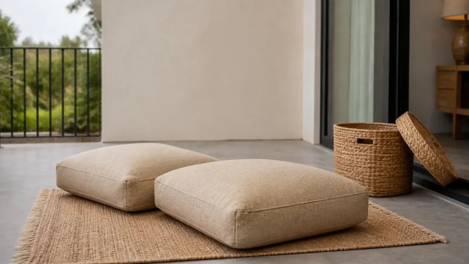 floor cushions stacked in a lidded basket beside a balcony door