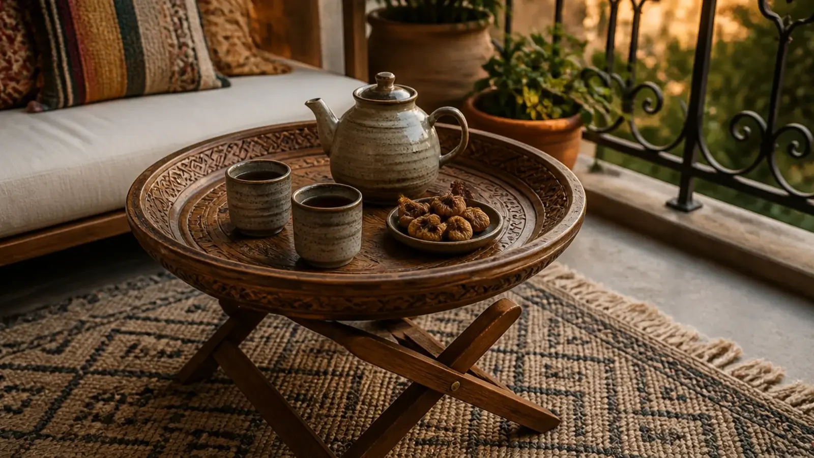 round wooden tray table set low on a boho styled balcony rug