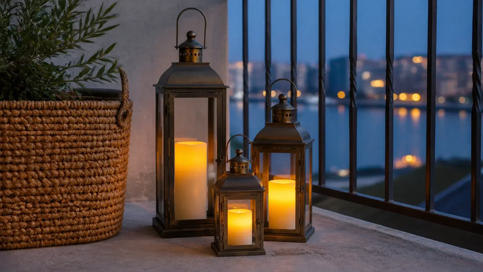 group of brass and iron lanterns holding flameless candles on a balcony