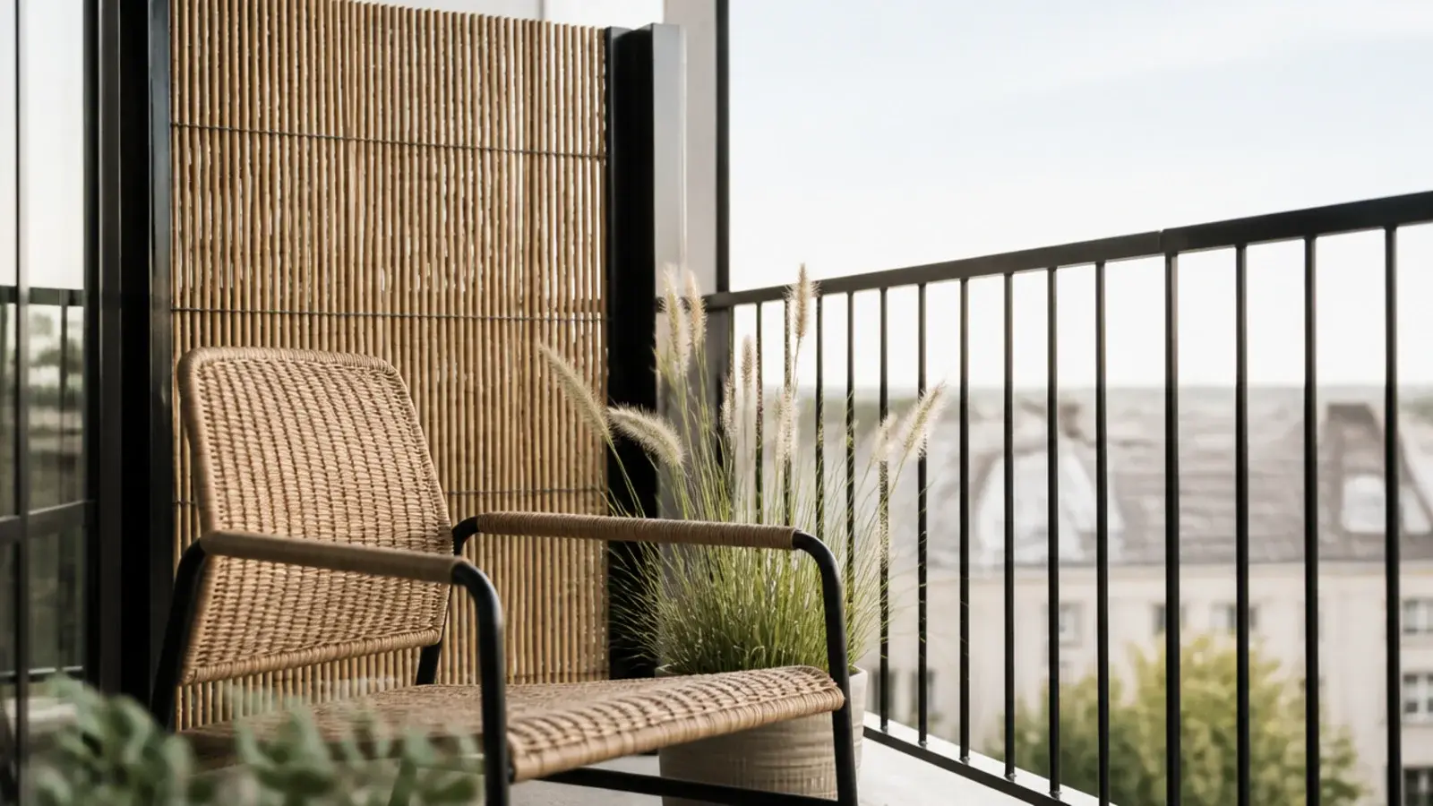 reed screening softening one section of a boho balcony railing