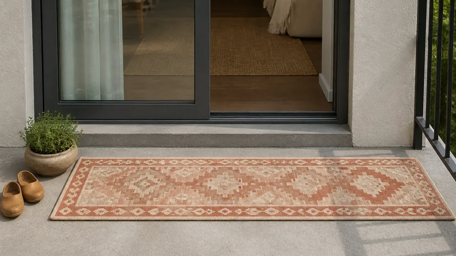 patterned kilim look outdoor runner beside a balcony sliding door