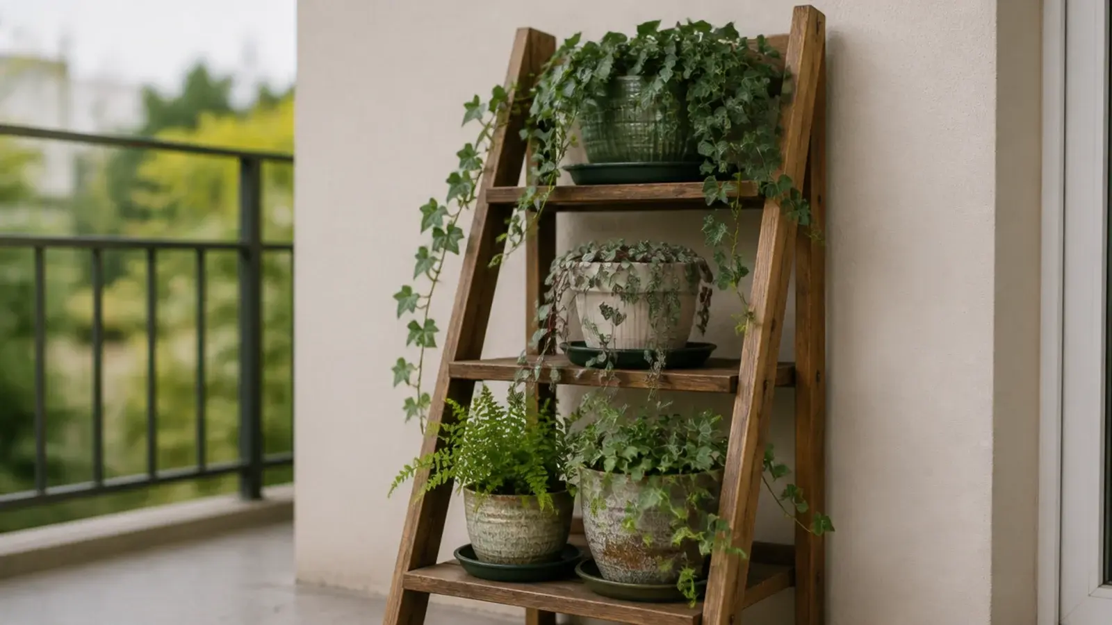 ladder shelf of trailing plants layered on a boho balcony wall