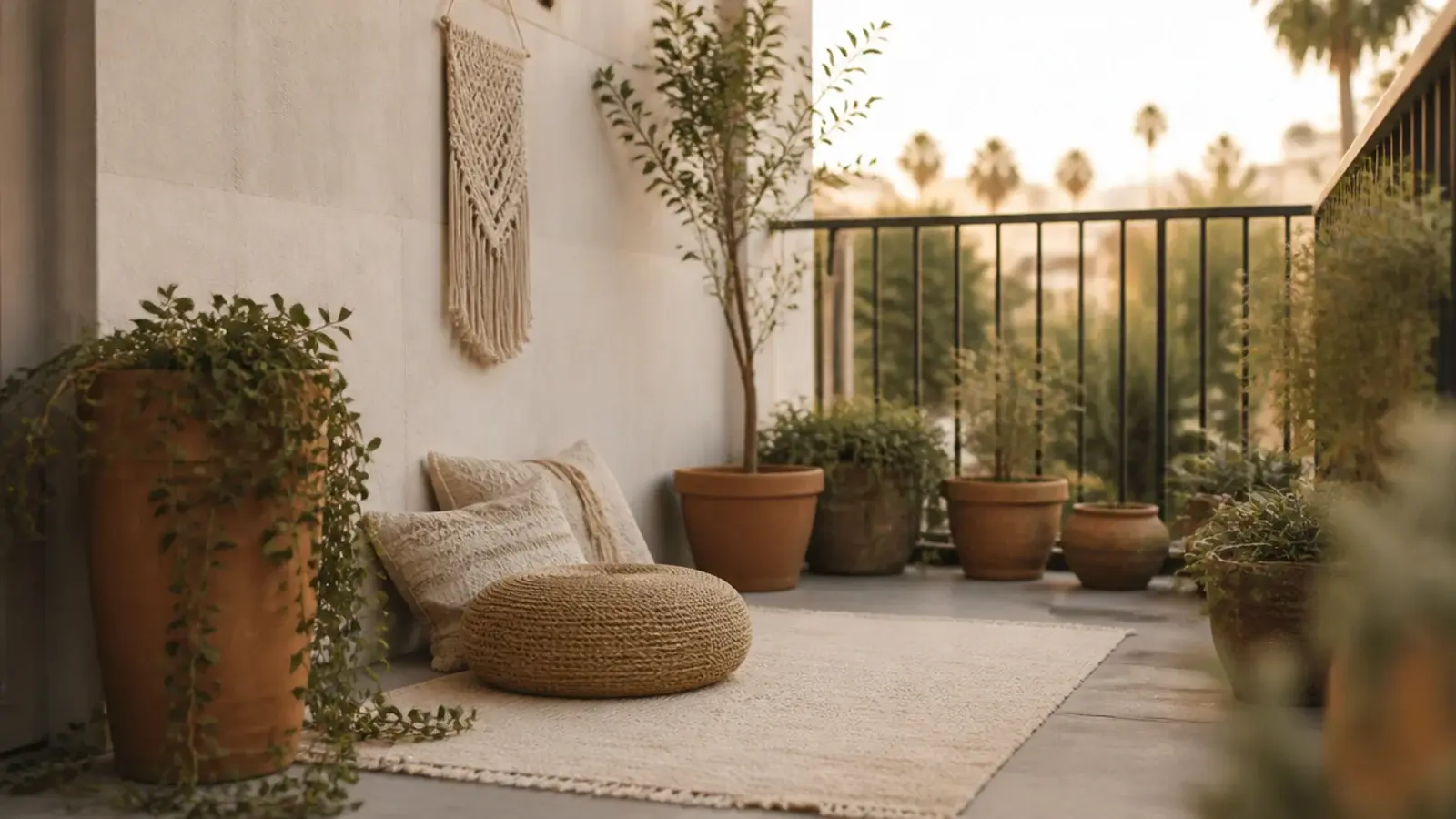 boho apartment balcony with layered flatweave rug pouf and hanging plants