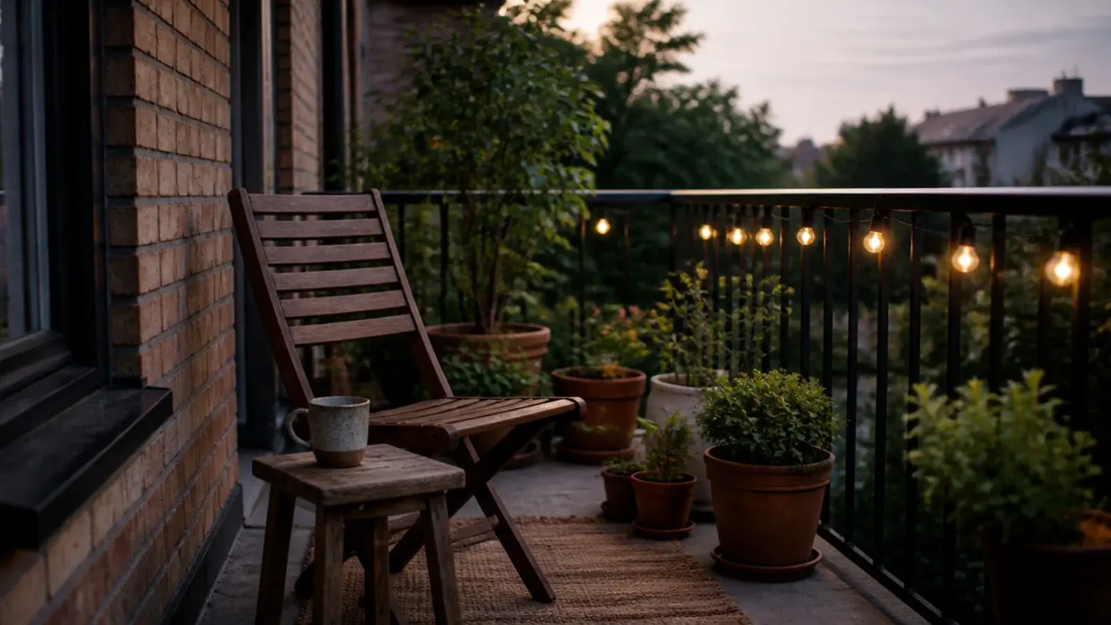 cozy apartment balcony with thrifted stool folding chair and warm string lights