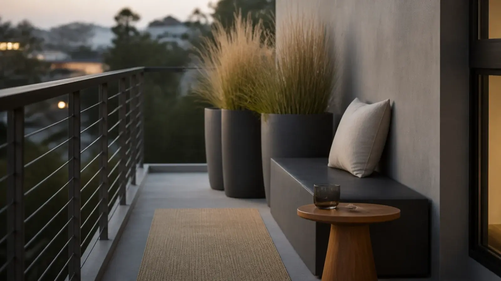 modern apartment balcony with charcoal furniture and sculptural potted grasses