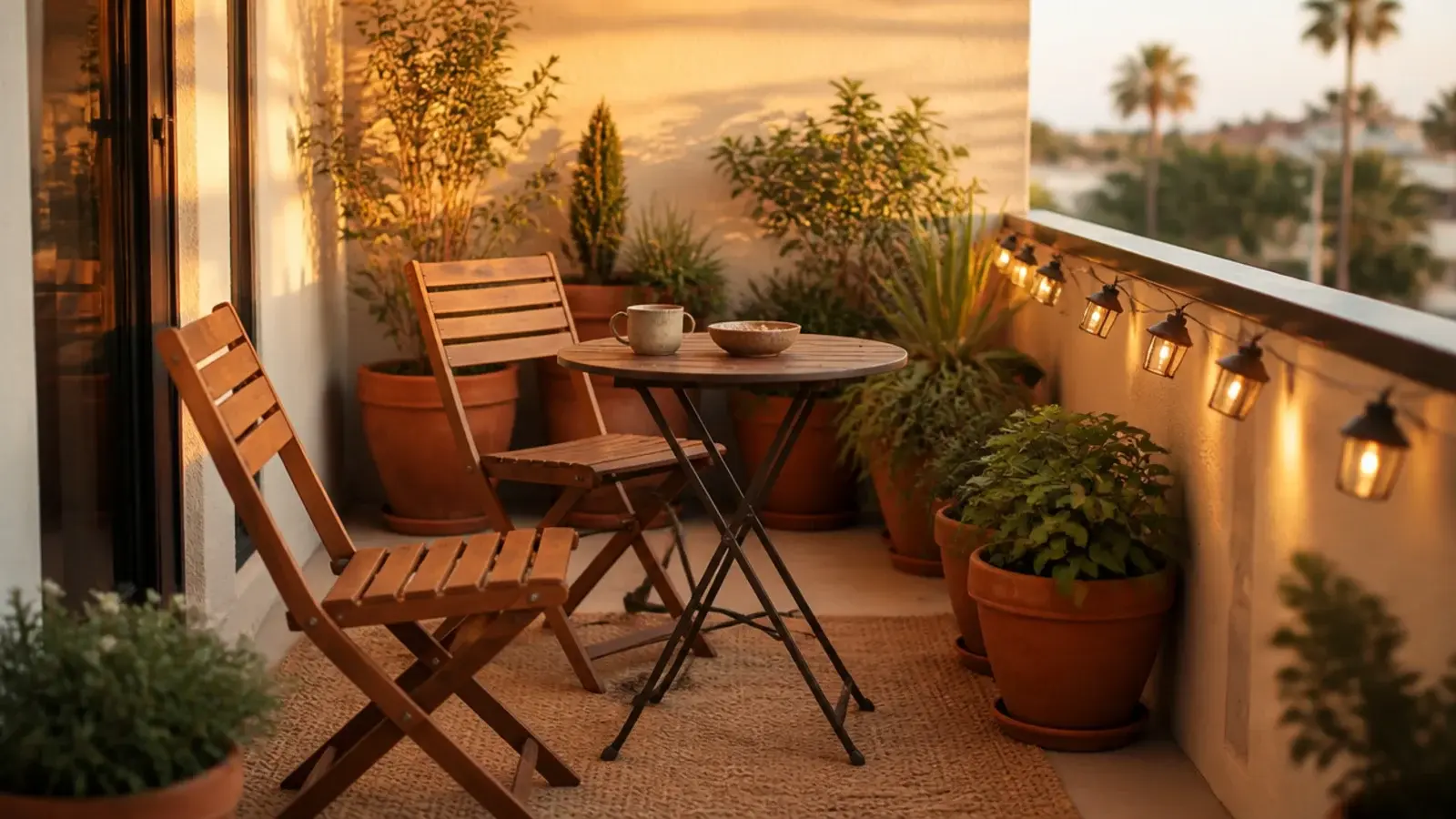 styled small apartment balcony with folding chairs plants and warm evening lights