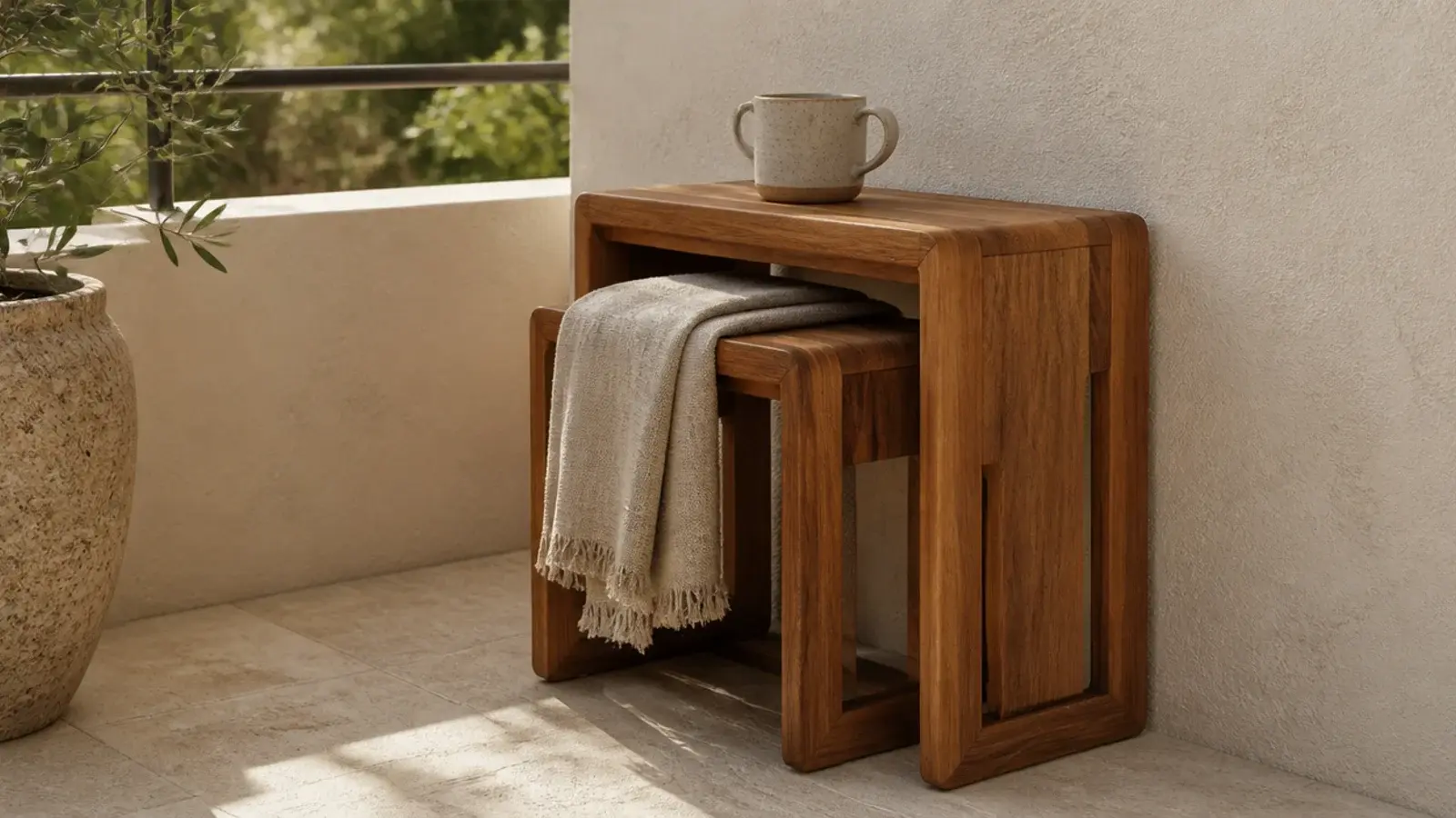 two nesting wooden stools tucked together against a balcony wall