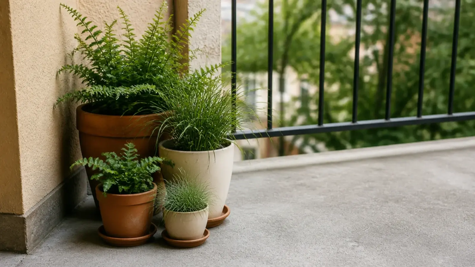 triangular cluster of pots filling one corner of a tiny balcony