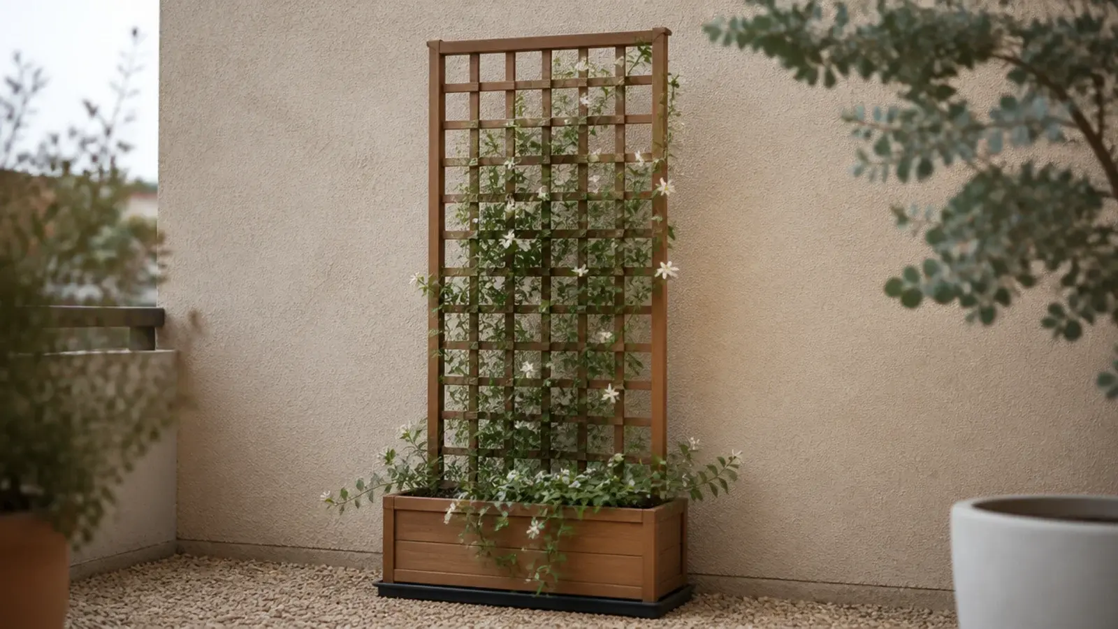 freestanding trellis panel rising from a weighted planter on a balcony