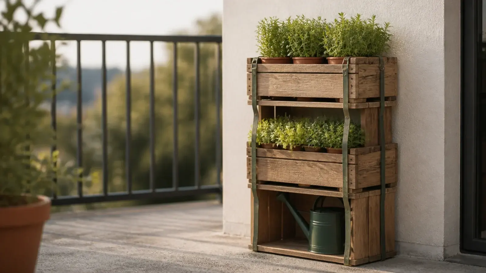 stacked wooden crates forming a plant tower on a tiny balcony