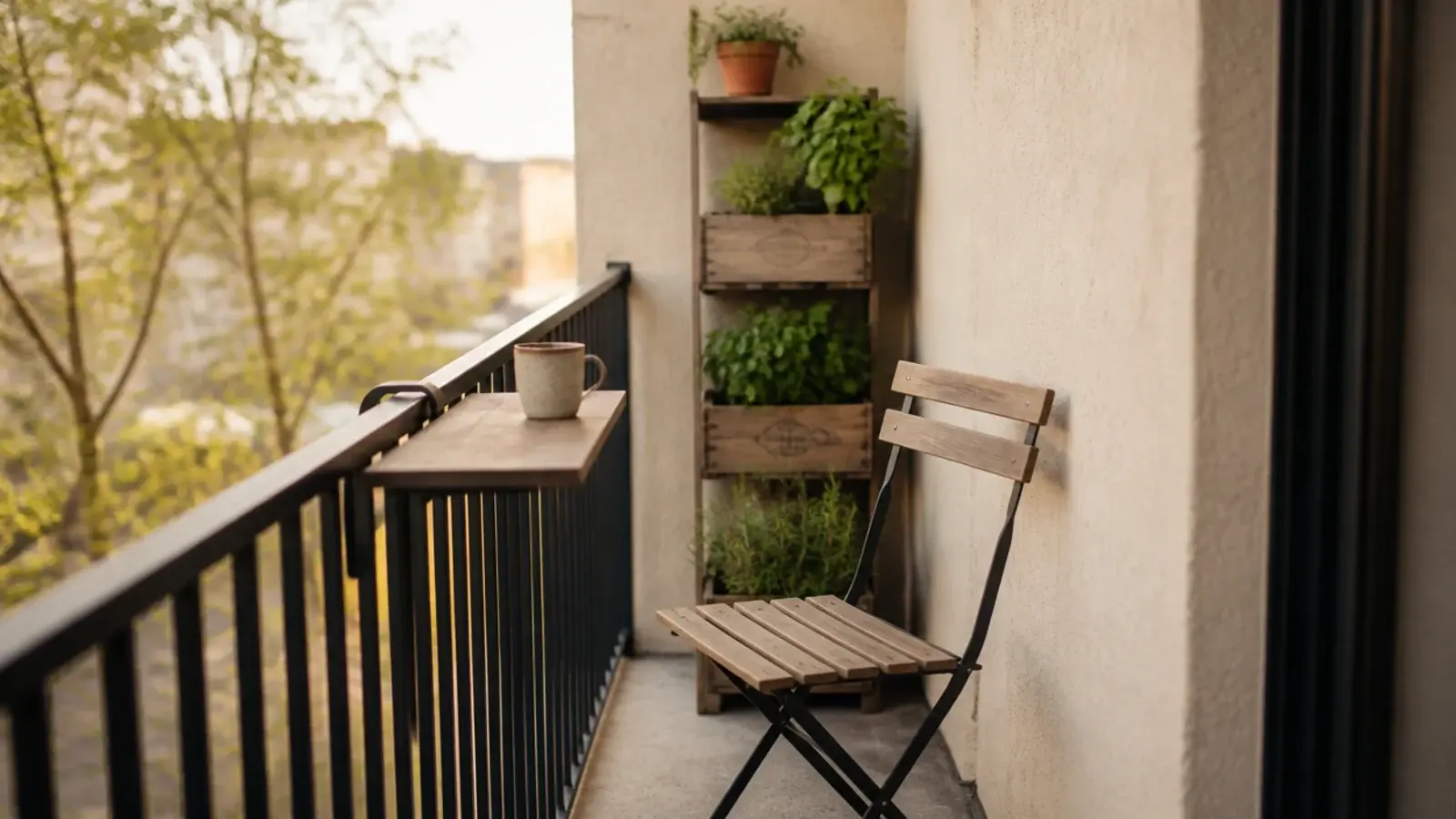tiny apartment balcony with a folding chair stacked crates and potted herbs