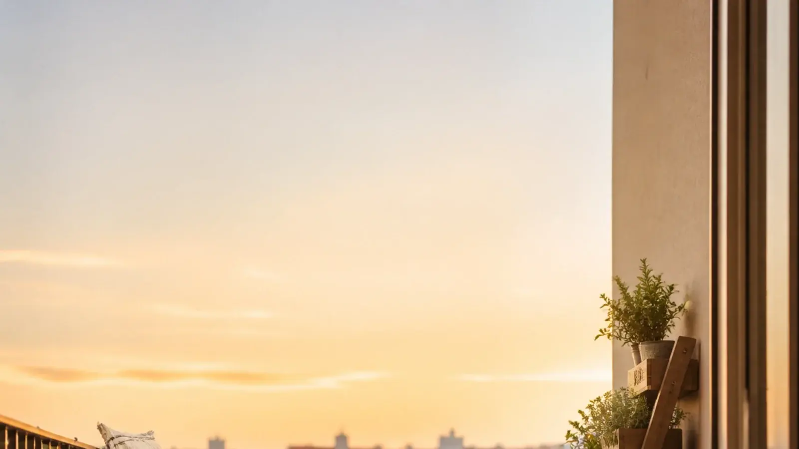 vertical view of a tiny apartment balcony styled with plants and folding seating