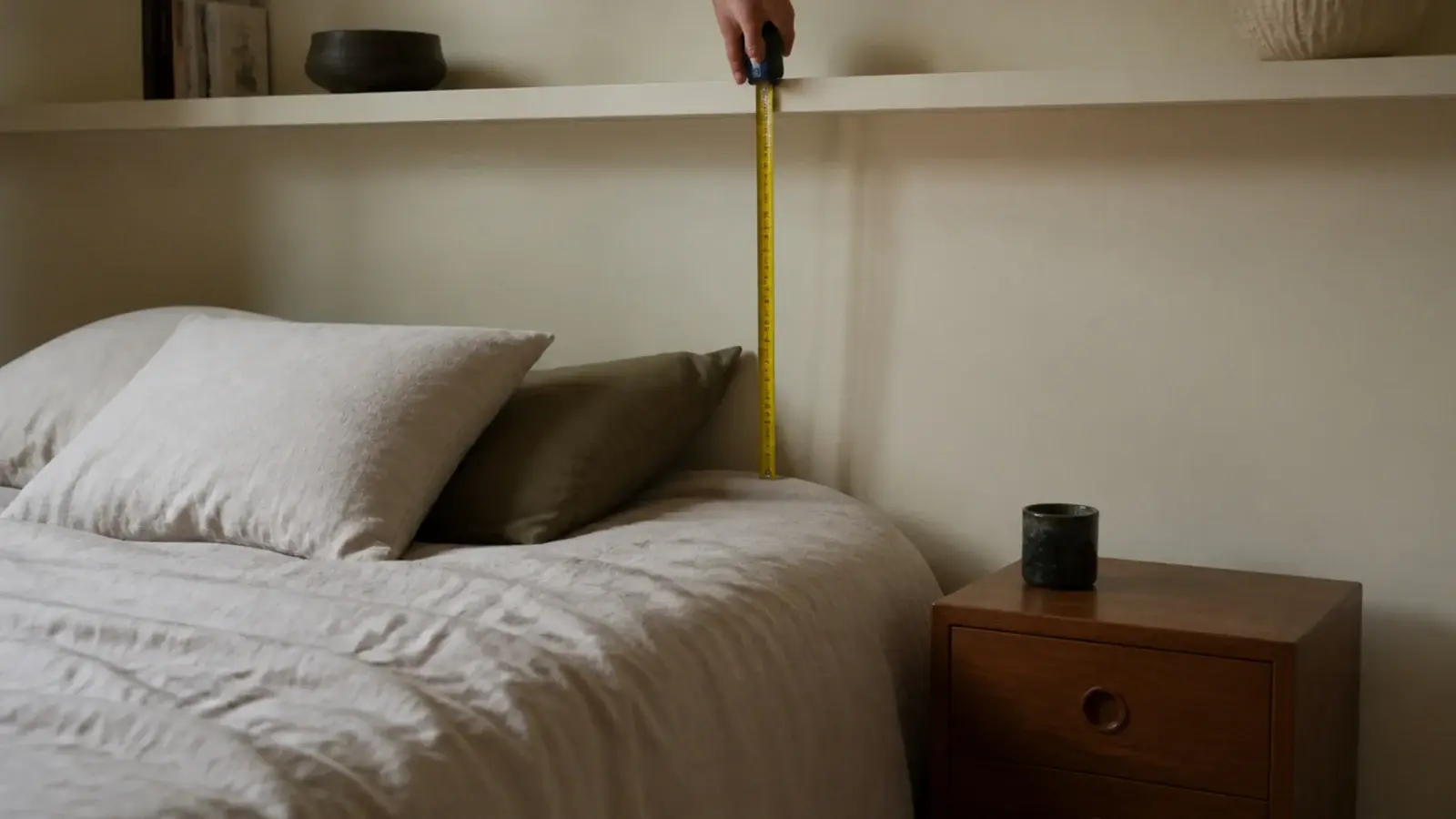 bedroom plan showing shelf clearances beside and above a made bed