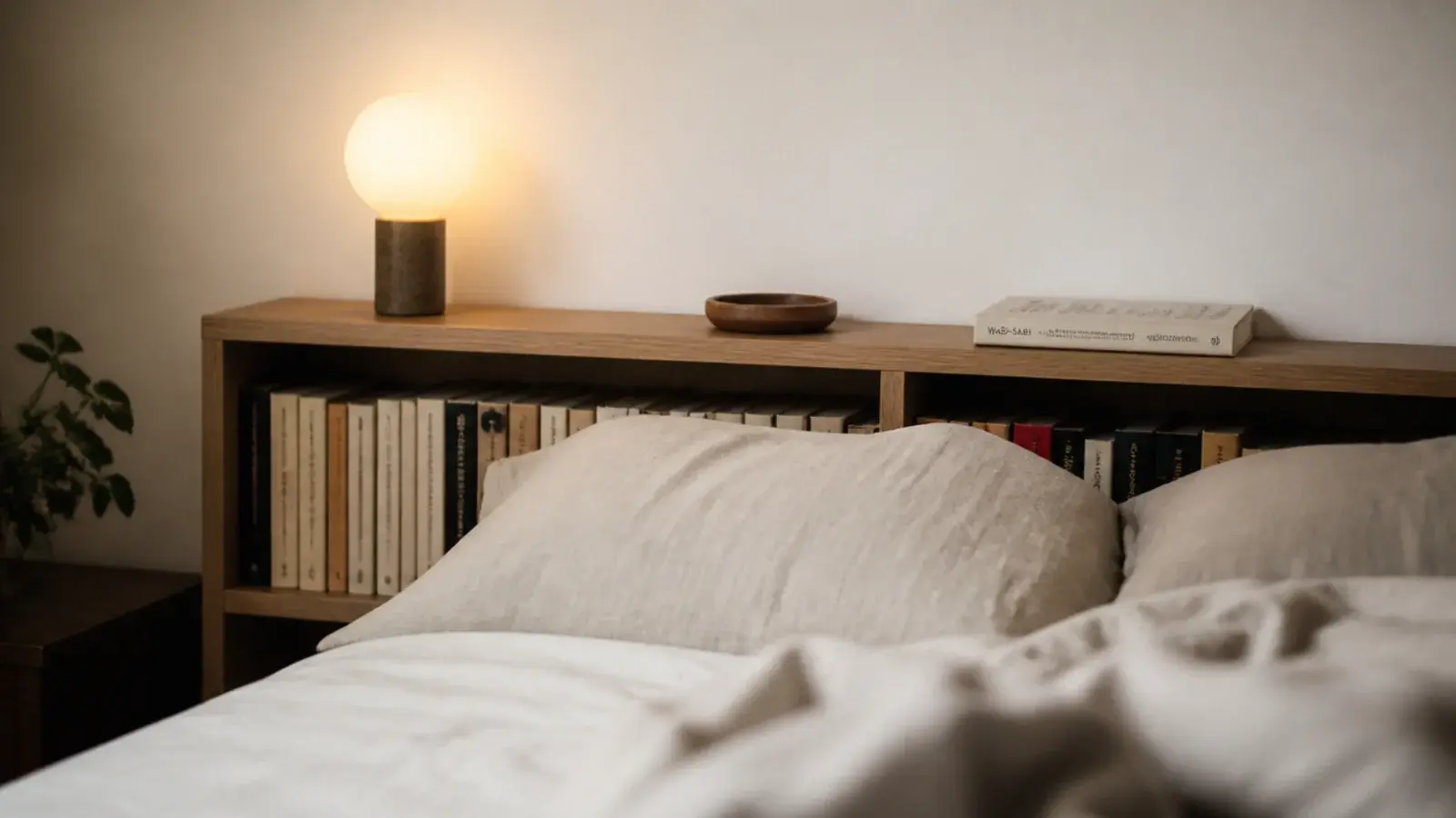 low bookshelf run behind a bed acting as a headboard with books